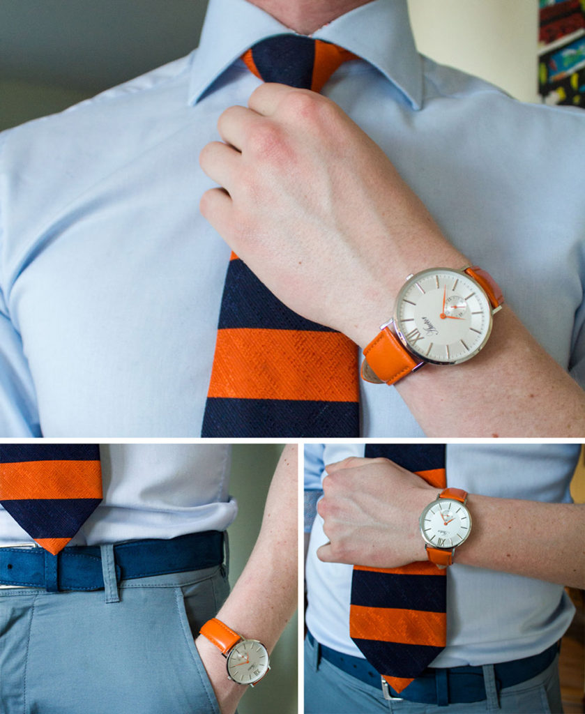 Collage avec ma montre auctor orange et un ensemble bleu avec une cravate orange/bleu marine